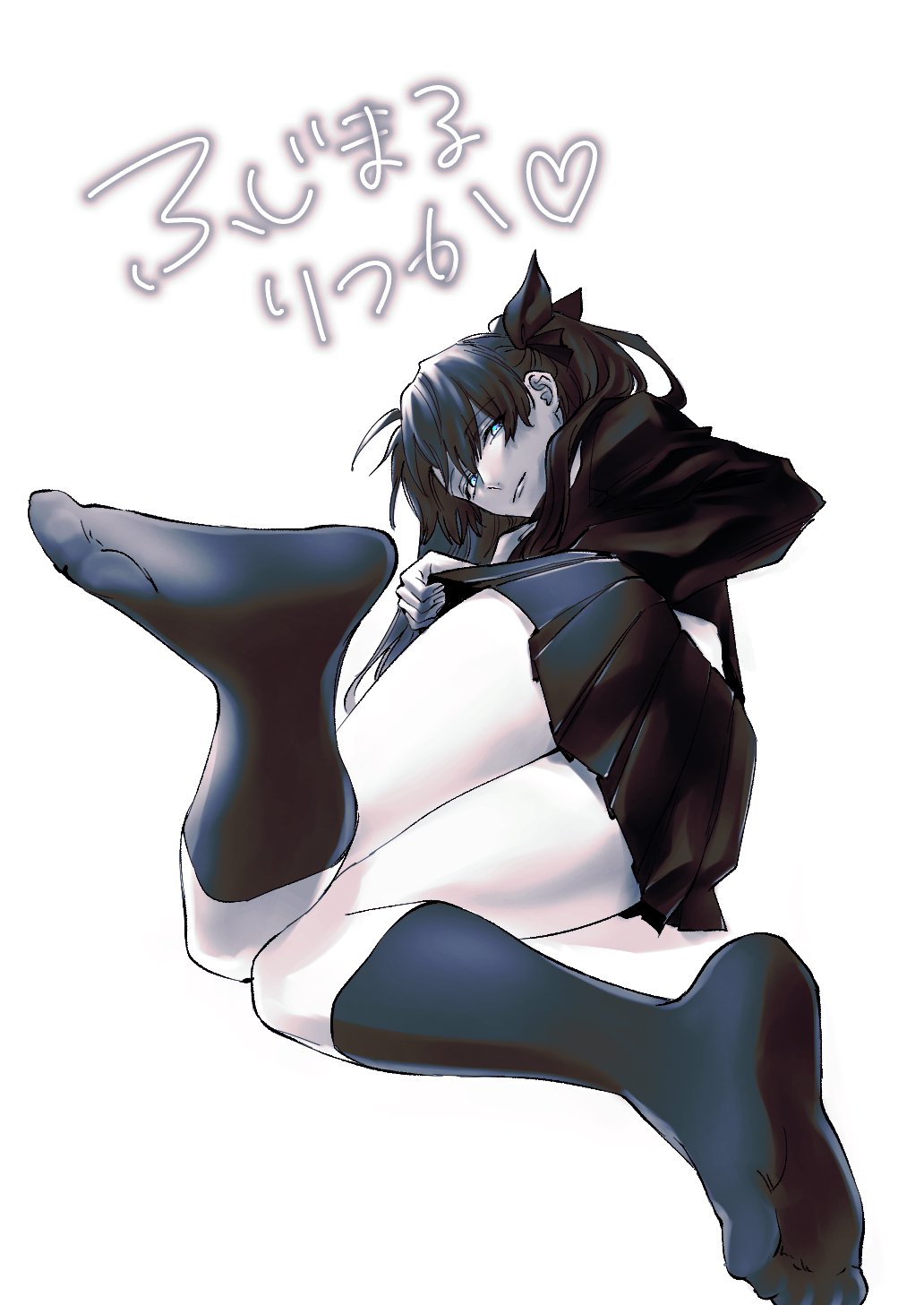 1boy blue_eyes closed_mouth clothes_grab commentary_request cosplay crossdressing fate/grand_order fate_(series) from_below fujimaru_ritsuka_(male) hair_between_eyes heart highres kneehighs knees_together_feet_apart long_hair long_sleeves looking_at_viewer lying miniskirt monochrome no_shoes on_side otoko_no_ko pleated_skirt seductive_smile skirt smile smirk socks spot_color teasing tohsaka_rin tohsaka_rin_(cosplay) translation_request twintails urup_zzz wig