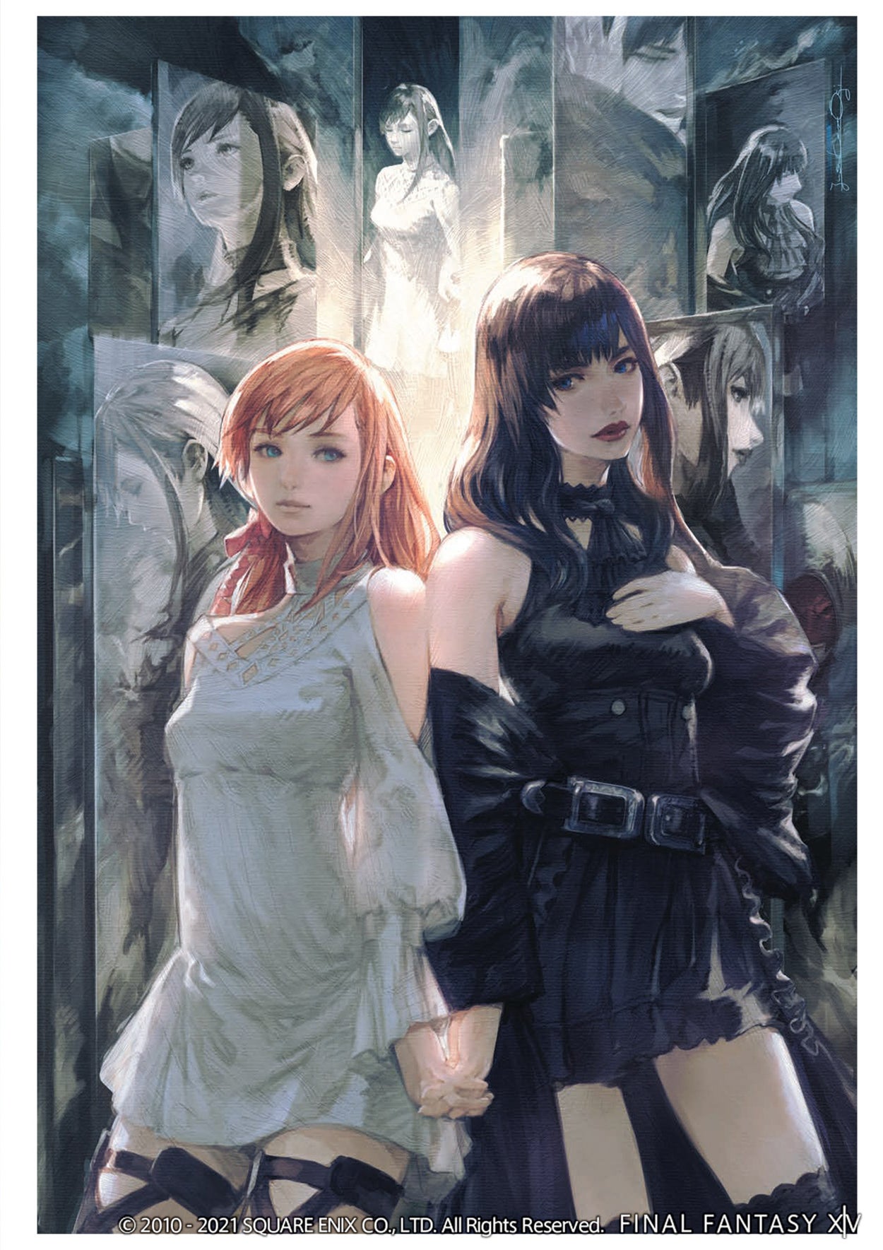 2girls ascot backlighting bare_shoulders belt belt_buckle black_ascot black_choker black_dress black_hair black_thighhighs blue_eyes border buckle choker clothing_cutout copyright_name copyright_notice cowboy_shot detached_sleeves dress eye_contact final_fantasy final_fantasy_xiv gaia_(ff14) hair_ribbon hand_on_own_chest highres holding_hands hyur interlocked_fingers lace-trimmed_choker lace_trim legwear_garter long_hair long_sleeves looking_at_another mogi_yuusuke multiple_girls official_art orange_hair realistic red_lips ribbon ryne_waters shoulder_cutout side-by-side sideways_glance signature standing swept_bangs thighhighs wavy_hair white_border white_dress yuri