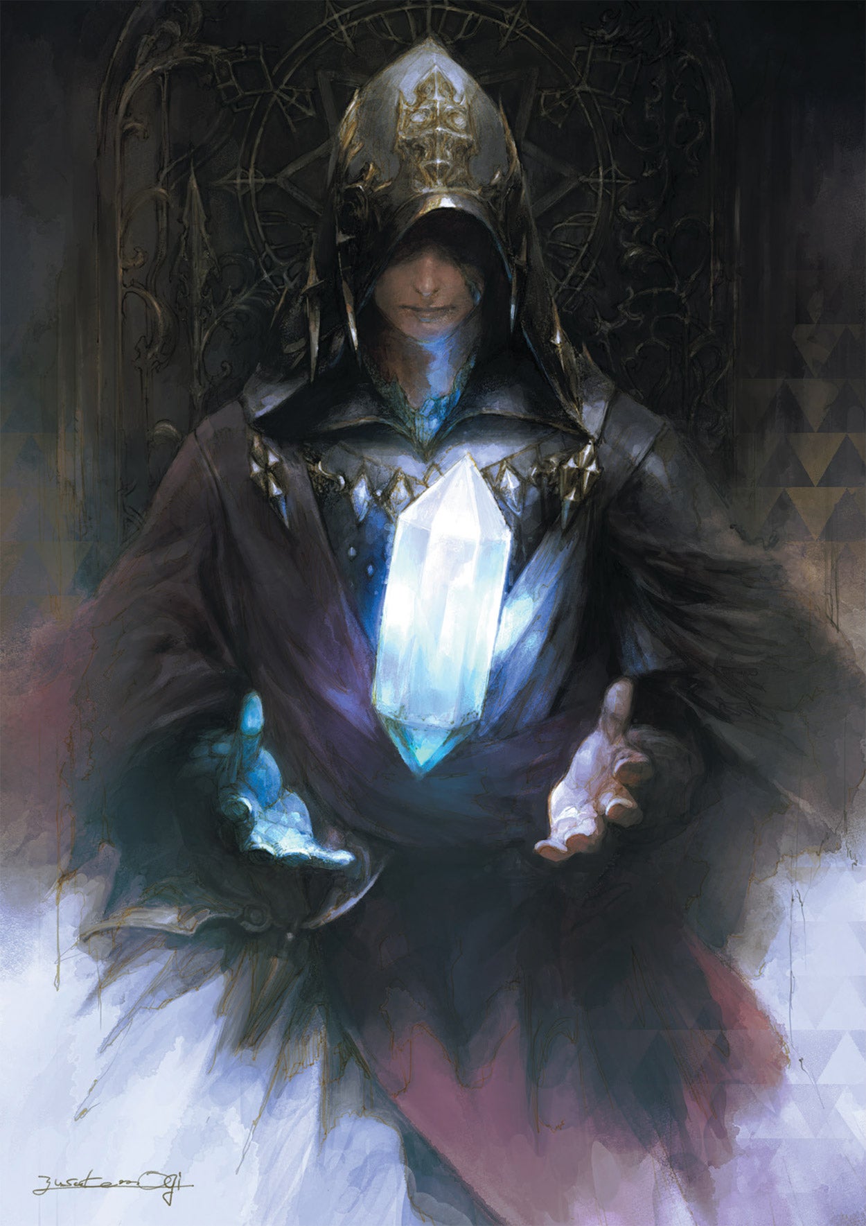 1boy artist_name black_background black_robe covered_eyes crystal crystal_exarch crystallization expressionless facing_viewer final_fantasy final_fantasy_xiv floating floating_object g'raha_tia glowing glowing_crystal highres hood hood_up hooded_robe male_focus mogi_yuusuke official_art realistic robe shaded_face signature solo straight-on toga upper_body wide_sleeves