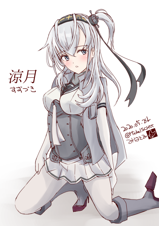 1girl anchor_symbol artist_name black_headband black_sailor_collar bodysuit clothes_writing commentary_request corset dated full_body grey_jacket hachimaki headband jacket jacket_on_shoulders kantai_collection long_hair michelsch55 neckerchief one_side_up sailor_collar silver_hair skirt solo suzutsuki_(kantai_collection) twitter_username white_bodysuit white_neckwear white_skirt