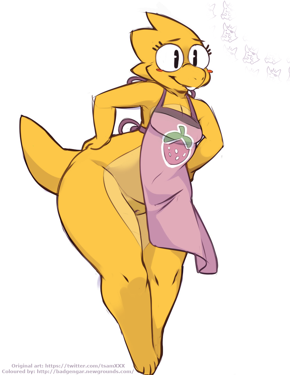 alphys anthro apron apron_only badgengar blush blush_stickers breasts buckteeth cleavage clothed clothing color_edit colored edit eyewear female food fruit genitals glasses hand_on_hip hi_res huge_hips leaning leaning_forward mostly_nude multicolored_body multicolored_scales navel_outline non-mammal_breasts plant pussy reptile scales scalie small_breasts smile solo standing strawberry teeth text thick_tail thick_thighs tsampikos two_tone_body two_tone_scales undertale url video_games wide_hips yellow_body yellow_scales