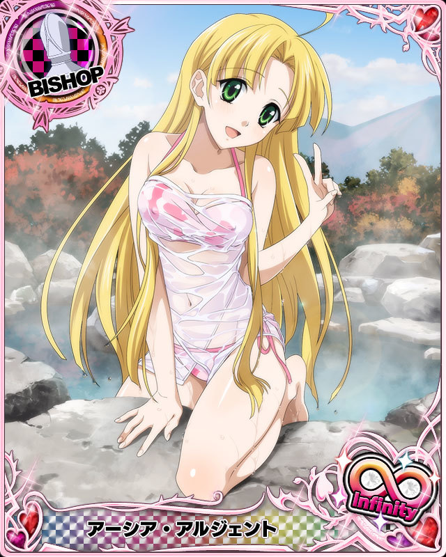 1girl ahoge asia_argento bangs bikini bishop_(chess) blonde_hair blunt_bangs blunt_ends breasts card_(medium) chess_piece cloud collarbone covered_navel covered_nipples day eyebrows_visible_through_hair green_eyes high_school_dxd long_hair looking_at_viewer medium_breasts mountainous_horizon official_art onsen open_mouth outdoors rock smile solo swimsuit tree v wet