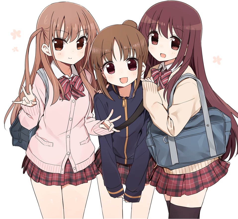 3girls :3 :d achiga_school_uniform atarashi_ako bag beige_sweater black_legwear blue_jacket bow bowtie brown_eyes brown_hair cardigan carrying cherry_blossoms closed_mouth cowboy_shot double_w dress_shirt eyebrows_visible_through_hair girl_sandwich hair_tie hands_on_another's_shoulders jacket leaning_forward long_hair looking_at_viewer matsumi_kuro miniskirt multiple_girls open_mouth petals pink_sweater plaid plaid_skirt pleated_skirt ponytail purple_eyes red_neckwear red_skirt saki saki_achiga-hen sandwiched school_bag school_uniform shirt shisoneri side-by-side simple_background skirt smile standing striped striped_neckwear sweater takakamo_shizuno thighhighs track_jacket two_side_up w white_background white_shirt wing_collar zipper