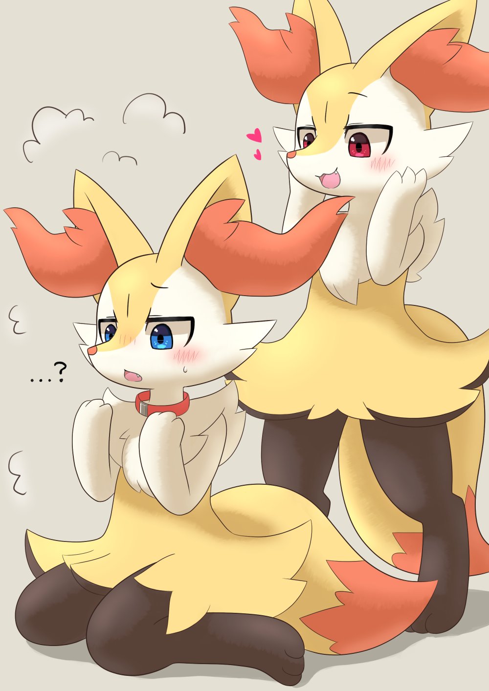 &lt;3 ambiguous_gender anthro blue_eyes blush braixen canid canine collar confusion duo fur hi_res inner_ear_fluff mammal nintendo open_mouth pok&eacute;mon pok&eacute;mon_(species) red_eyes simple_background transformation tuft video_games white_body yellow_body yellow_fur も