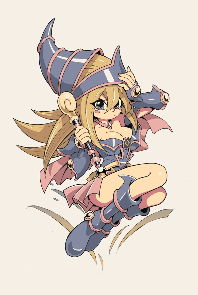 1girl arm_up blonde_hair blood-c blue_eyes blush blush_stickers boots breasts cleavage closed_mouth dark_magician_girl eyes_visible_through_hair fingernails floating grey_background hair_between_eyes hand_on_headwear hat highres holding holding_wand long_hair shiny shiny_skin simple_background solo wand yuta_agc yuu-gi-ou