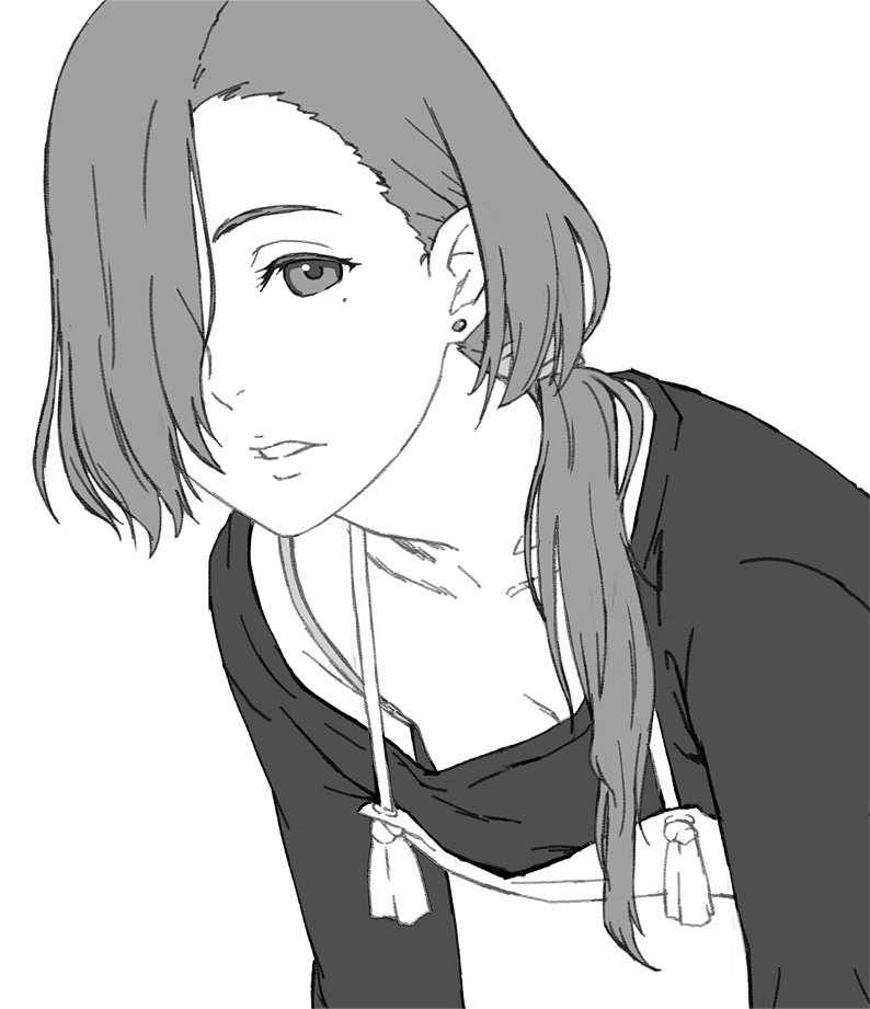 1girl angelica_(sakura_quest) apron earrings greyscale hair_over_one_eye hair_over_shoulder jewelry kaburagi_yuki long_hair long_sleeves looking_at_viewer mole mole_under_eye monochrome ponytail sakura_quest simple_background solo white_background