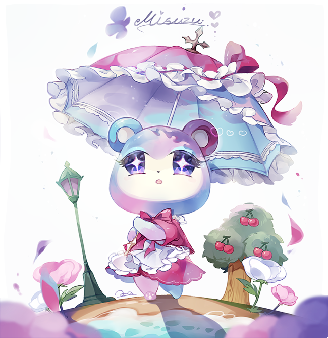 1girl bear character_name cherry coco7 doubutsu_no_mori dress flower food fruit judy lamppost solo sparkling_eyes tree umbrella