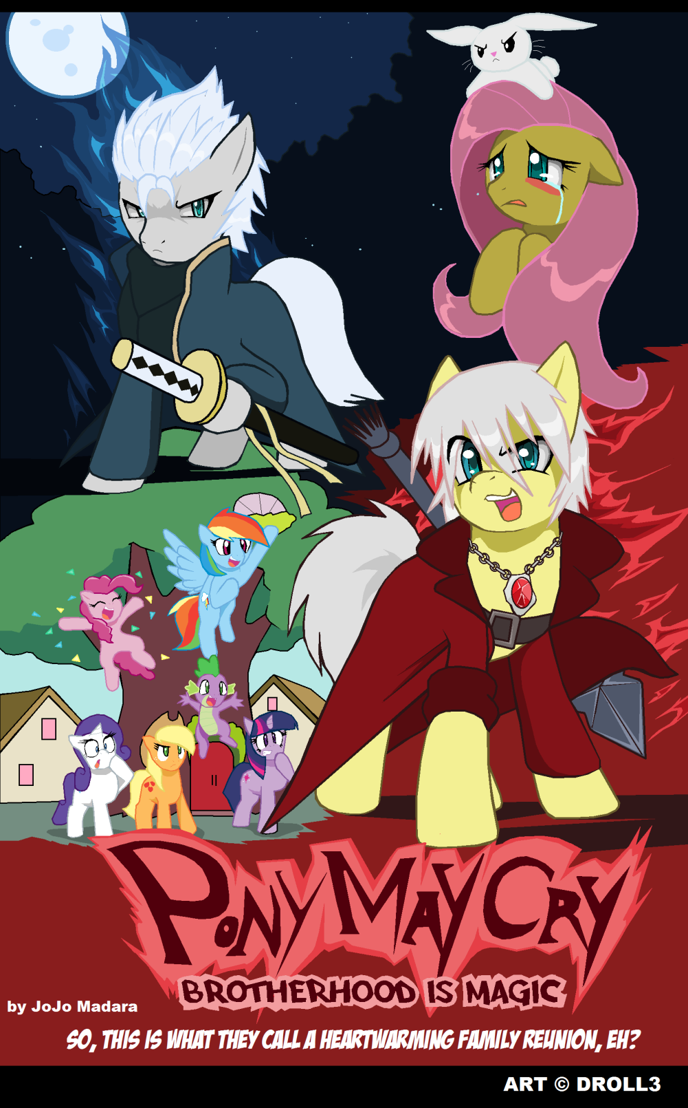 amulet angel_(mlp) anthro applejack_(mlp) aura black_bars bodily_fluids capcom clothing crossover dante_(devil_may_cry) demon_hunter devil_may_cry droll3 earth_pony english_text equid equine fanfic_art female fluttershy_(mlp) friendship_is_magic hi_res horse jacket katana lagomorph leporid letterbox library male mammal melee_weapon my_little_pony party_animal pegasus pinkie_pie_(mlp) ponification pony rabbit rainbow_dash_(mlp) rarity_(mlp) red_vs._blue spike_(mlp) sword tears text the_mane_six topwear tree_house twilight_sparkle_(mlp) unicorn_pony vergil_(devil_may_cry) video_games weapon wings