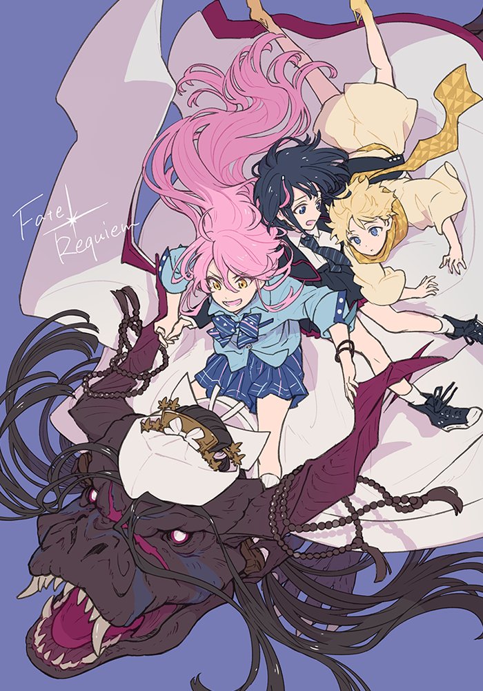 1boy 2girls ahoge baggy_clothes black_hair blonde_hair blue_background blue_eyes blue_shirt bow cape commentary_request fate/requiem fate_(series) hat horns isshoku_(shiki) jacket japanese_clothes karin_(fate/requiem) kijo_kouyou_(fate) lizard long_hair monster multicolored_hair multiple_girls necktie open_clothes open_mouth pink_hair reptile reptilian scarf shirt short_hair short_sleeves simple_background skirt smile streaked_hair utsumi_erise voyager_(fate/requiem) white_cape white_shirt yellow_eyes yellow_scarf