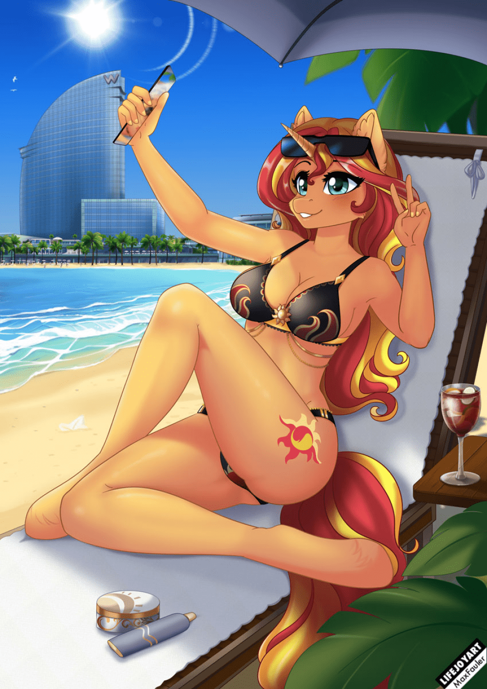 anthro beach big_breasts bikini breasts building cellphone cleavage clothed clothing detailed_background equestria_girls equid eyewear female hi_res horn lifejoyart mammal my_little_pony phone seaside sitting solo sunglasses sunset_shimmer_(eg) swimwear unicorn water