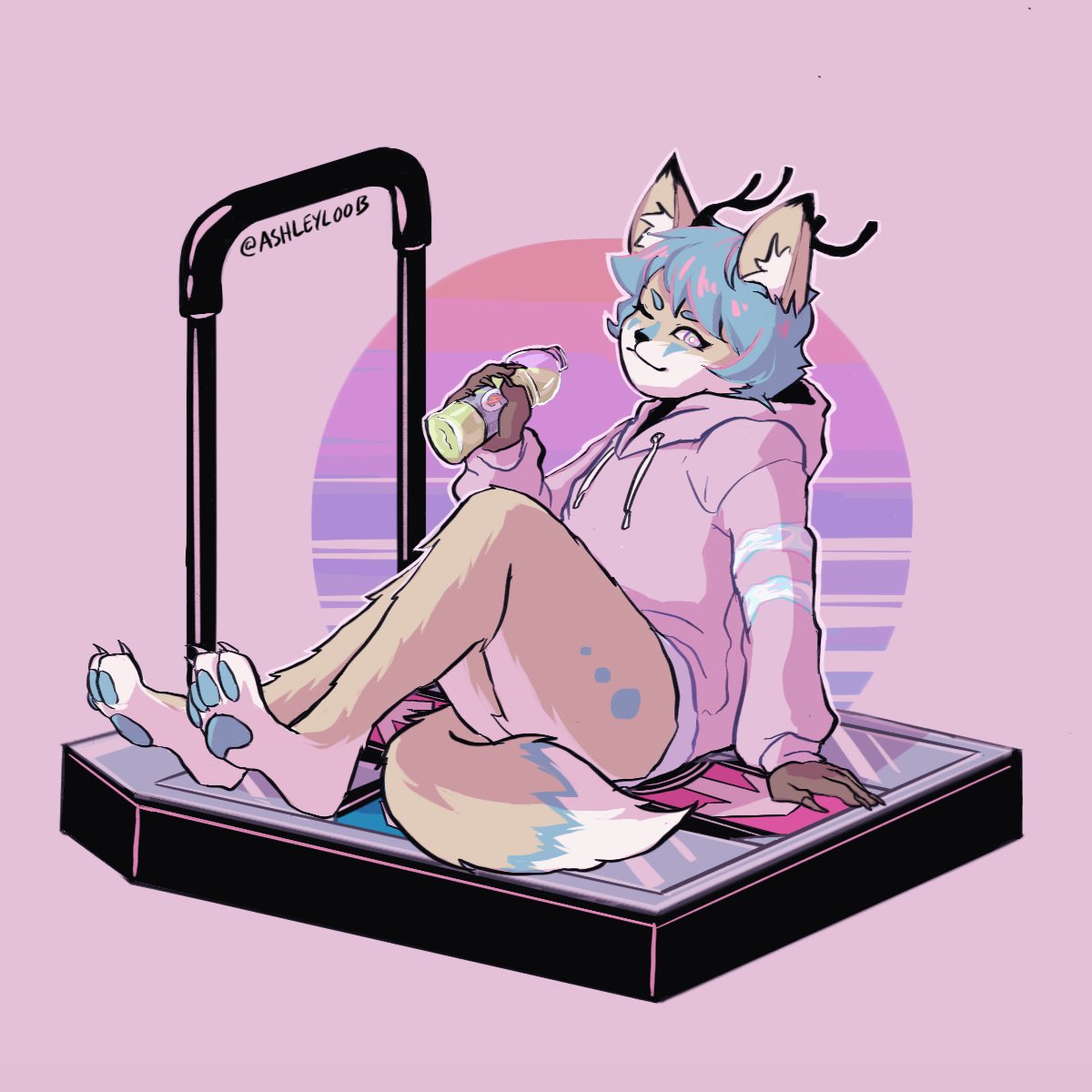 1:1 ambiguous_gender anthro antlers ashleyloob beverage blue_hair blue_pawpads bottomless canid canine clothed clothing dance_dance_revolution digitigrade fan_character fennec flat_colors fox fur gatorade hair hi_res holding_object hoodie horn inner_ear_fluff mammal one_eye_closed pawpads short_hair signature simple_background sitting sweater tan_body tan_fur topwear tuft vaporwave