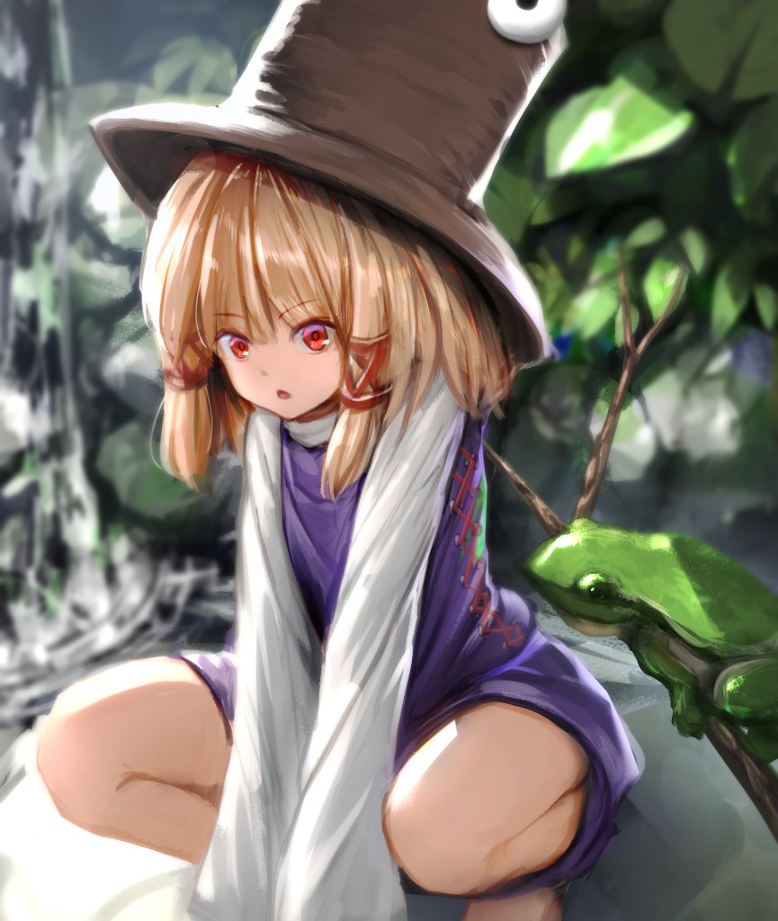 1girl bangs barefoot blonde_hair chestnut_mouth day eyebrows_visible_through_hair frog hat long_sleeves looking_at_viewer moriya_suwako on_rock open_mouth outdoors plant purple_skirt purple_vest red_eyes ryosios skirt skirt_set solo squatting touhou v_arms vest water waterfall wide_sleeves