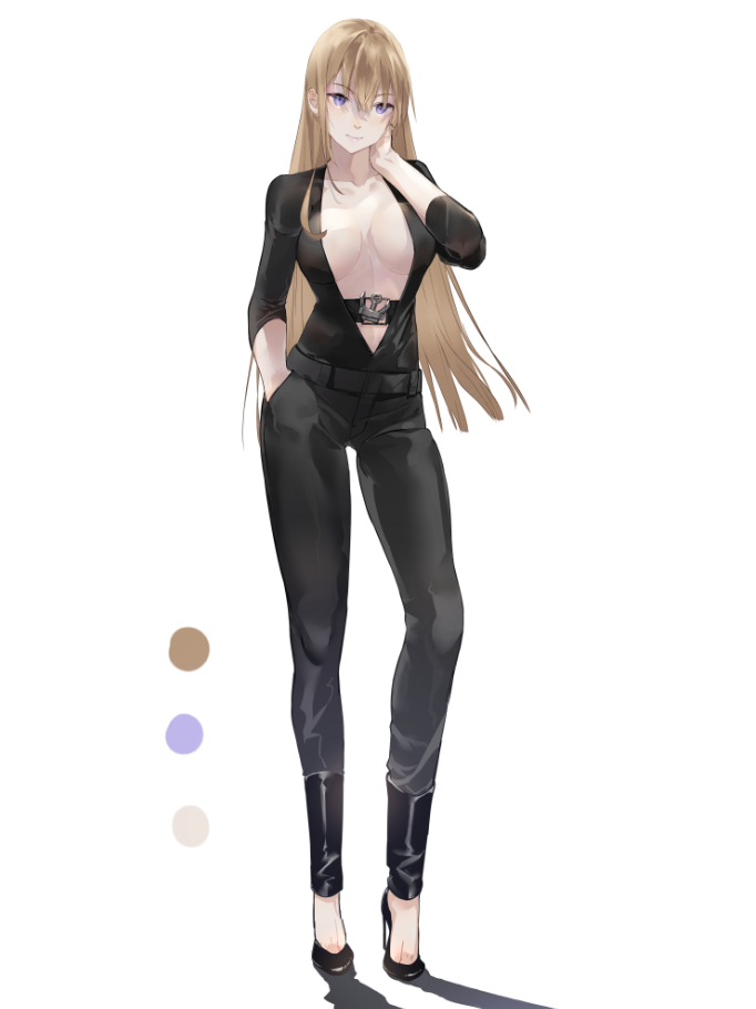 1girl alternate_costume bismarck_(kantai_collection) black_pants blonde_hair blue_eyes breasts collarbone commentary_request full_body kantai_collection large_breasts long_hair nello_(luminous_darkness) no_bra pants plunging_neckline simple_background solo standing white_background