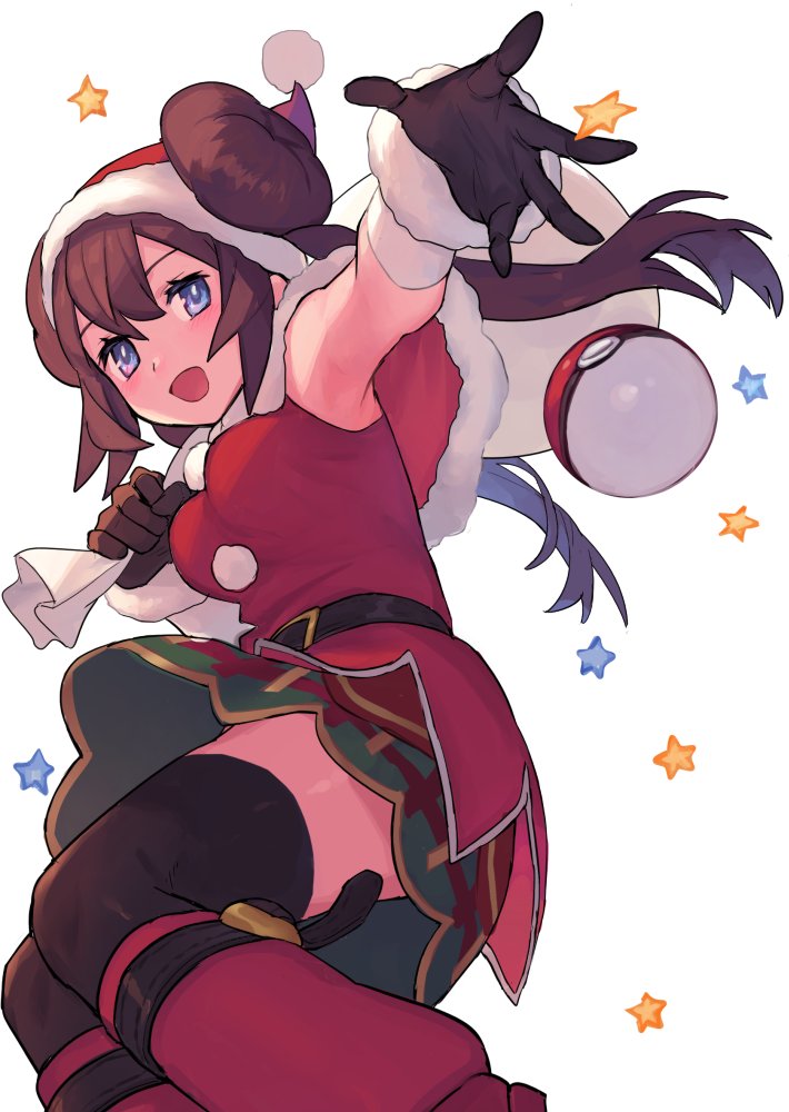 1girl :d alternate_costume armpits bangs belt belt_buckle black_belt blush boots breasts brown_hair buckle capelet chorefuji christmas commentary_request double_bun dress eyelashes gloves hair_between_eyes hat holding holding_sack long_hair looking_at_viewer looking_to_the_side mei_(pokemon) open_mouth poke_ball poke_ball_(generic) pokemon pokemon_(game) pokemon_bw2 pokemon_masters red_dress red_footwear sack santa_hat smile solo spread_fingers star tongue twintails white_background