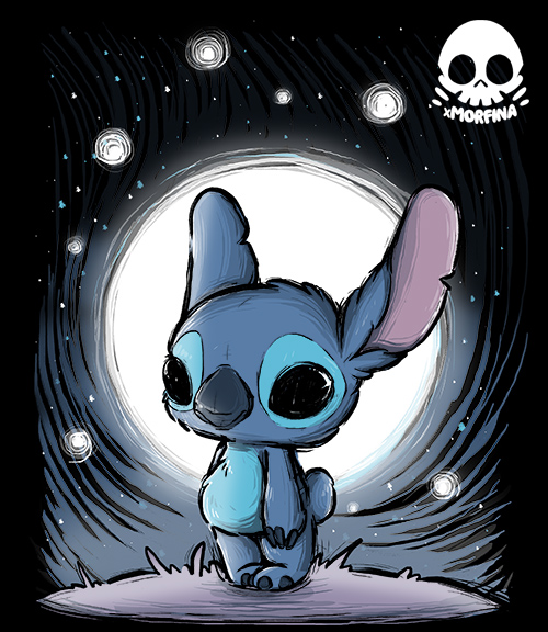 alien black_eyes blue_body blue_claws blue_fur blue_nose bone claws disney experiment_(lilo_and_stitch) full_moon fur lilo_and_stitch male_(lore) moon night no_sclera purple_inner_ear signature skull solo stitch_(lilo_and_stitch) toe_claws xmorfina