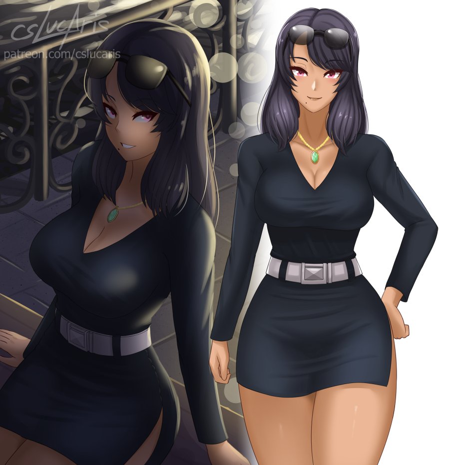 1girl belt black_dress black_hair breasts carna casual cleavage contemporary cowboy_shot cslucaris dress eyewear_on_head hand_on_hip jewelry large_breasts long_hair long_sleeves looking_at_viewer mole mole_under_mouth multiple_views necklace night outdoors patreon_username purple_eyes side_slit signature simple_background smile thick_thighs thighs v-neck white_background xenoblade_(series) xenoblade_1