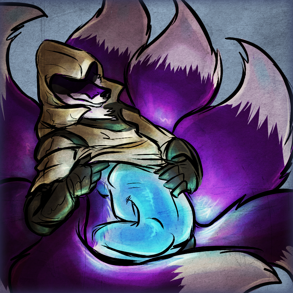 1:1 absorption_vore after_vore ambiguous_gender anthro arokha_(human) belly big_belly biped black_nose blue_background brown_gloves canid canine cheek_tuft chest_tuft clothed clothing colored death digital_drawing_(artwork) digital_media_(artwork) dipstick_tail duo facial_tuft fingers fox fur gloves hand_on_stomach handwear hood human mammal multi_tail multicolored_tail nude poojawa purple_body purple_fur purple_tail shaded simple_background smile soul soul_vore topwear tuft velociawesome vore white_body white_clothing white_fur white_headgear white_tail white_topwear white_tuft