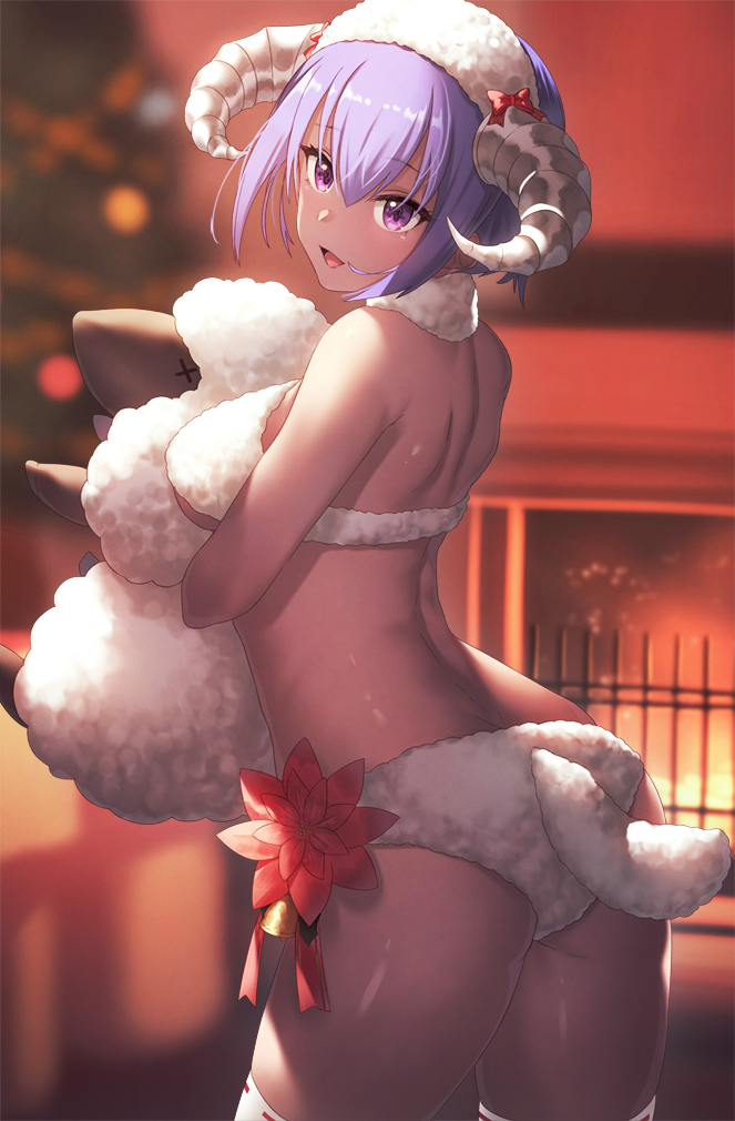 1girl :d ass bangs bare_shoulders blurry blurry_background bra collar cowboy_shot eyebrows_visible_through_hair fake_tail fate/grand_order fate/prototype fate/prototype:_fragments_of_blue_and_silver fate_(series) fireplace from_behind fur_bra fur_collar hair_between_eyes hairband hassan_of_serenity_(fate) holding holding_stuffed_animal horns ibuki_notsu indoors looking_at_viewer looking_back merry_sheep open_mouth purple_eyes purple_hair sheep_horns sheep_tail short_hair smile solo standing stuffed_animal stuffed_sheep stuffed_toy tail thighs underwear white_bra white_hairband wool