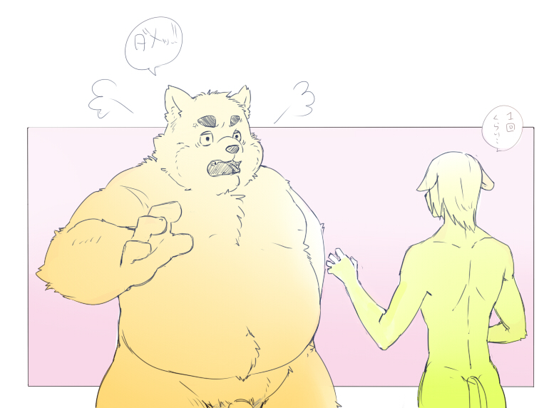 2020 anthro belly blush butt canid canine canis domestic_dog duo genitals humanoid_hands inunoshippo kemono male mammal moobs overweight overweight_male penis simple_background
