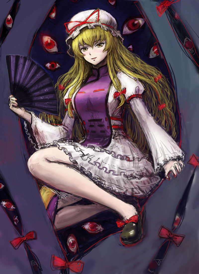 bad_id bad_pixiv_id blonde_hair fan folding_fan gap hat long_hair shoes solo tafuto touhou yakumo_yukari yellow_eyes