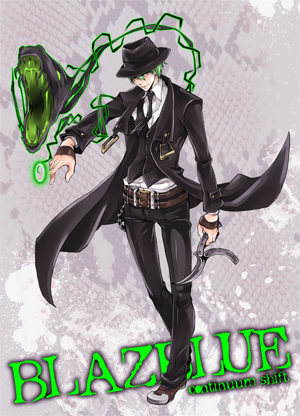 balisong blazblue coat copyright_name green_hair hazama knife male_focus solo sumeshi_(ambivalince) weapon