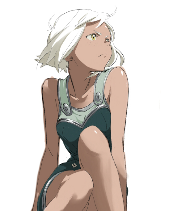 dark_skin freckles frown lal'c_mellk_mal magomago short_hair solo top_wo_nerae_2! white_hair yellow_eyes