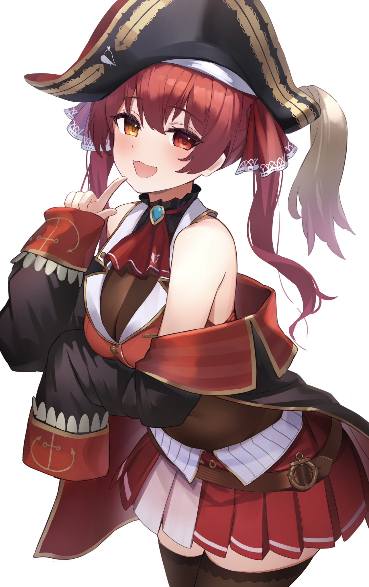 1girl arm_under_breasts ascot belt black_coat black_headwear black_thighhighs breasts brown_belt choker coat cropped_jacket eyepatch frilled_choker frills hair_ornament hair_ribbon hat heterochromia highres hololive houshou_marine houshou_marine_(1st_costume) jacket large_breasts leather_belt leotard leotard_under_clothes long_hair looking_at_viewer mimihachi miniskirt open_mouth pirate_hat pleated_skirt pointing pointing_at_mouth pointing_at_self red_ascot red_coat red_eyes red_hair red_jacket red_ribbon red_skirt ribbon skirt sleeveless sleeveless_jacket smile solo thighhighs twintails two-sided_coat two-sided_fabric virtual_youtuber white_background