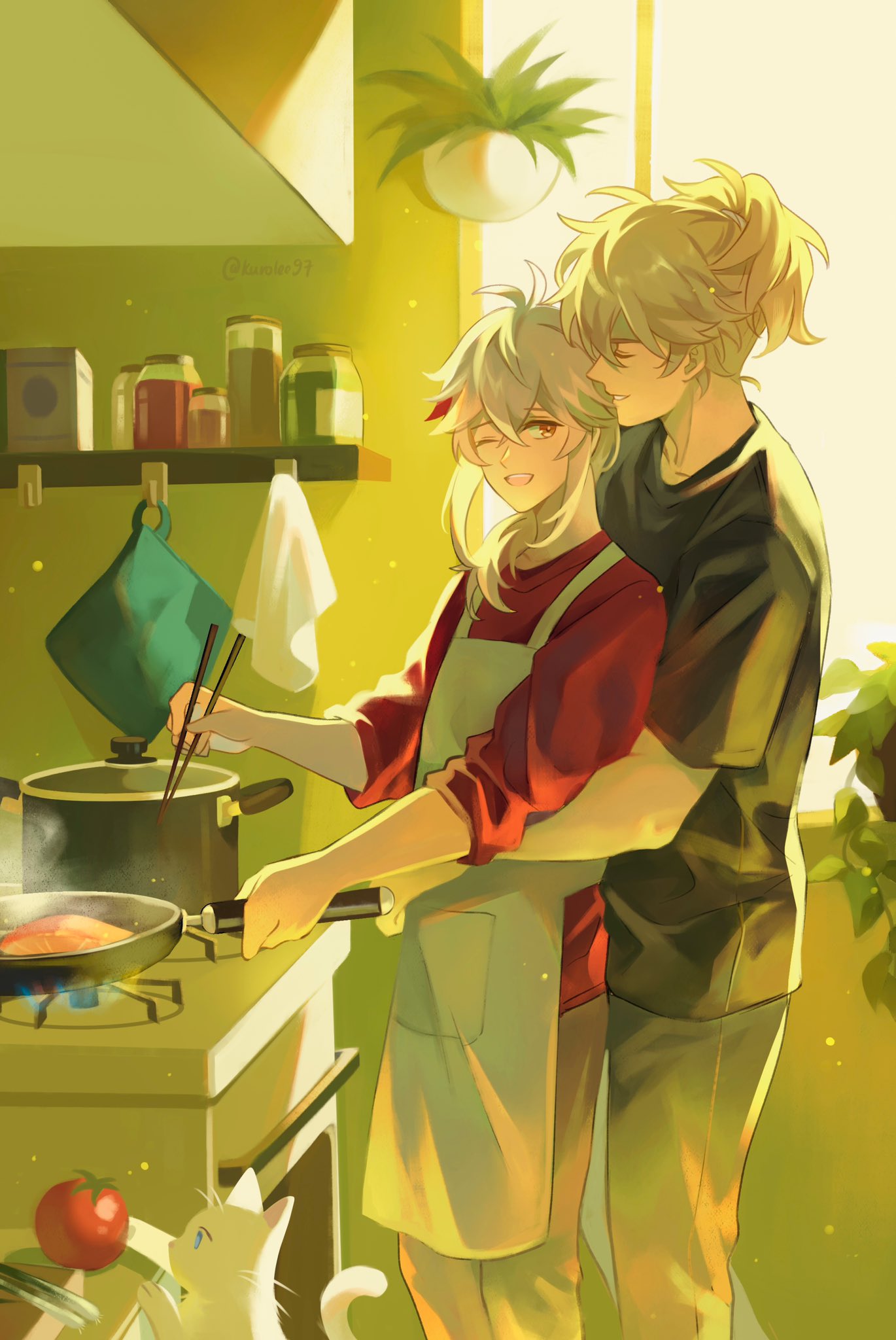 2boys ;d antenna_hair apron artist_name black_shirt blonde_hair bloom box brown_pants cat chopsticks closed_eyes commentary cooking cooking_pot crossed_bangs day english_commentary fish_(food) frying_pan genshin_impact grey_pants hair_between_eyes hair_over_shoulder hanging_plant high_ponytail highres holding holding_chopsticks hug hug_from_behind indoors jar kaedehara_kazuha kazuha's_friend_(genshin_impact) kuro_lee light_particles long_sleeves low_ponytail male_focus medium_hair multicolored_hair multiple_boys one_eye_closed open_mouth pants parted_lips plant ponytail potted_plant red_eyes red_hair red_shirt shelf shirt short_sleeves sidelocks sleeves_rolled_up smile standing steam stove streaked_hair t-shirt teeth tomato towel twitter_username upper_teeth_only vines white_apron white_cat white_hair window yaoi