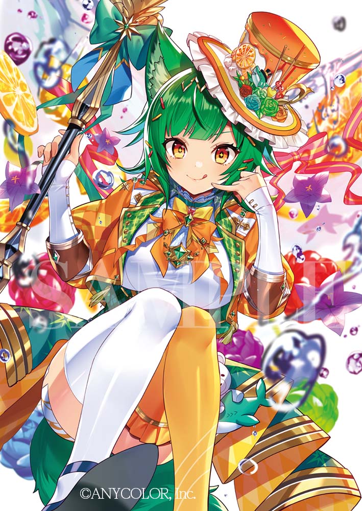 1girl alternate_costume animal_ear_fluff animal_ears asymmetrical_legwear blue_flower blue_footwear bow breasts brown_eyes cat_ears copyright_name cropped_jacket flower food frilled_headwear frills fruit green_bow green_flower green_hair green_skirt hair_ornament hat heart holding holding_staff idol_clothes jacket kitakoji_hisui large_breasts liquid murakami_yuichi nijisanji official_alternate_costume official_art open_clothes open_jacket orange_(fruit) orange_bow orange_flower orange_jacket orange_slice orange_thighhighs purple_flower red_bow red_flower rose sample_watermark shark shirt simple_background sitting skirt solo staff thighhighs tongue top_hat virtual_youtuber watermark white_background white_headwear white_shirt white_thighhighs yellow_bow