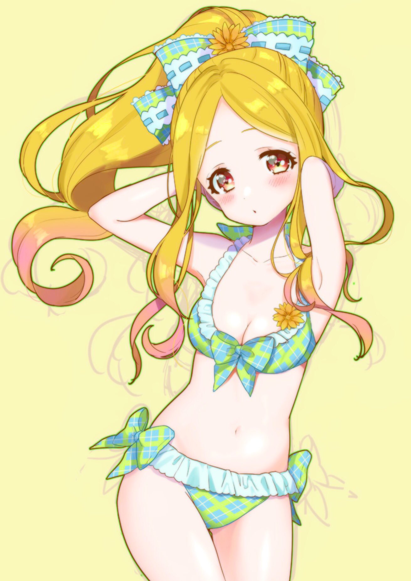 1girl alternate_hairstyle armpits arms_up bare_shoulders bikini blonde_hair blush bow breasts cleavage collarbone cowboy_shot dot_nose floating_hair flower front-tie_bikini_top front-tie_top green_bikini green_ribbon hair_bow hair_flower hair_ornament hair_ribbon highres idolmaster idolmaster_cinderella_girls idolmaster_cinderella_girls_starlight_stage long_hair looking_at_viewer medium_breasts mochizuki_hijiri navel orange_flower parted_bangs parted_lips plaid plaid_bikini ponytail precuresenpai red_eyes ribbon side-tie_bikini_bottom simple_background solo standing swimsuit yellow_background