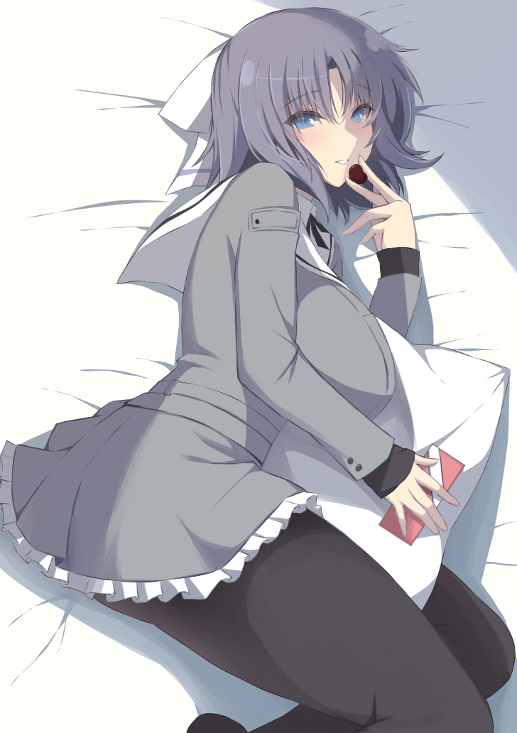 bed blue_eyes bow box breasts chimunge chocolate food gessen_academy_uniform grey_hair grey_jacket hair_bow holding holding_box holding_chocolate holding_food hugging_object jacket large_breasts light_blush looking_at_viewer lying medium_hair on_bed on_side pantyhose pillow pillow_hug sailor_collar school_uniform senran_kagura smile striped_bow valentine white_bow yumi_(senran_kagura)