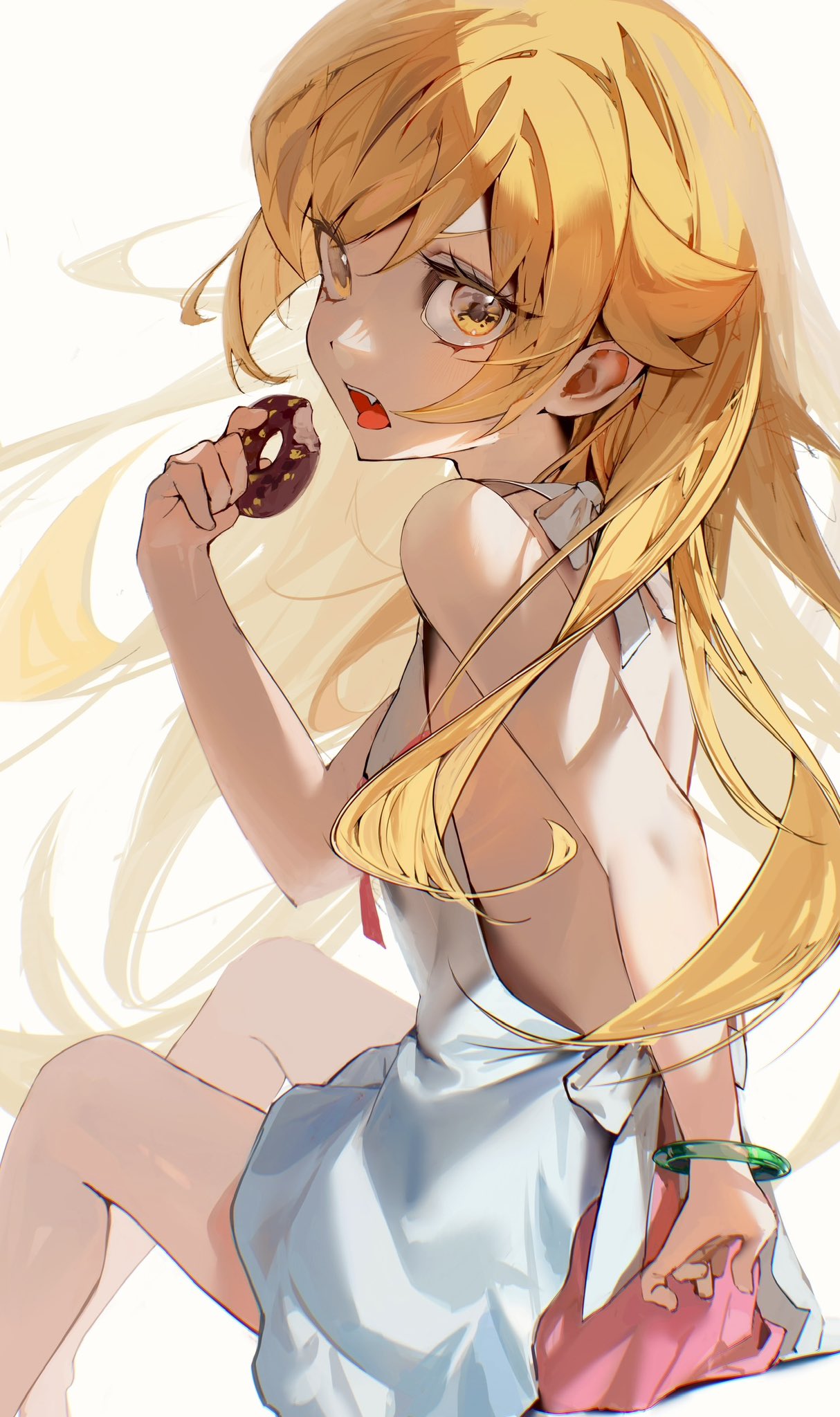 1girl back bakemonogatari bangle bare_back bare_shoulders blonde_hair bracelet dress fangs highres holding_doughnut jewelry long_hair looking_at_viewer monogatari_(series) mv_pxn open_mouth oshino_shinobu sitting solo white_dress yellow_eyes