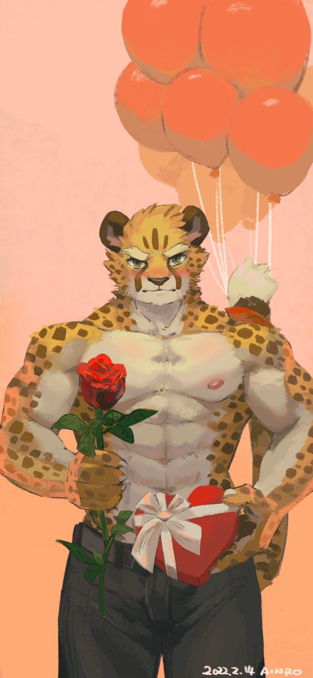 18:39 abs ainro anthro biceps blush cheetah elysium_above felid feline flower fur fur_markings gift hair hi_res holidays male mammal markings multicolored_body multicolored_fur muscular muscular_anthro muscular_male nipples pecs plant rose_(flower) shirtless_male solo spots spotted_body spotted_fur standing two_tone_body two_tone_fur valentine's_day yellow_body yellow_eyes yellow_fur