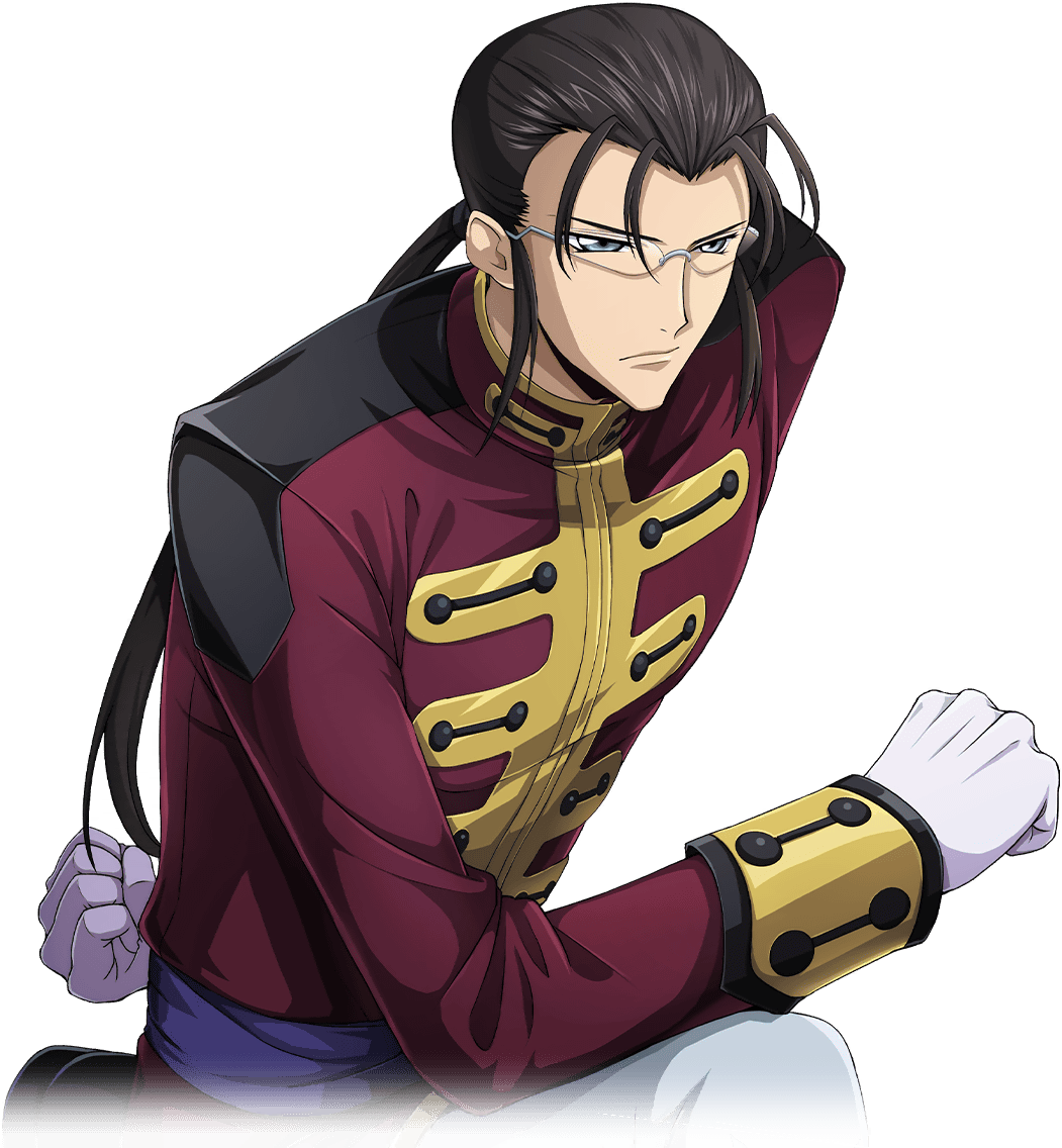1boy arm_behind_back artist_request bangs_pinned_back black_footwear black_hair blue_eyes clenched_hands closed_mouth code_geass code_geass:_lost_stories forehead game_cg gilbert_guilford glasses gloves hair_tie jacket long_hair long_sleeves male_focus military_uniform non-web_source official_art on_one_knee pants ponytail red_jacket rimless_eyewear sash serious shoes sidelocks simple_background solo transparent_background uniform white_gloves white_pants