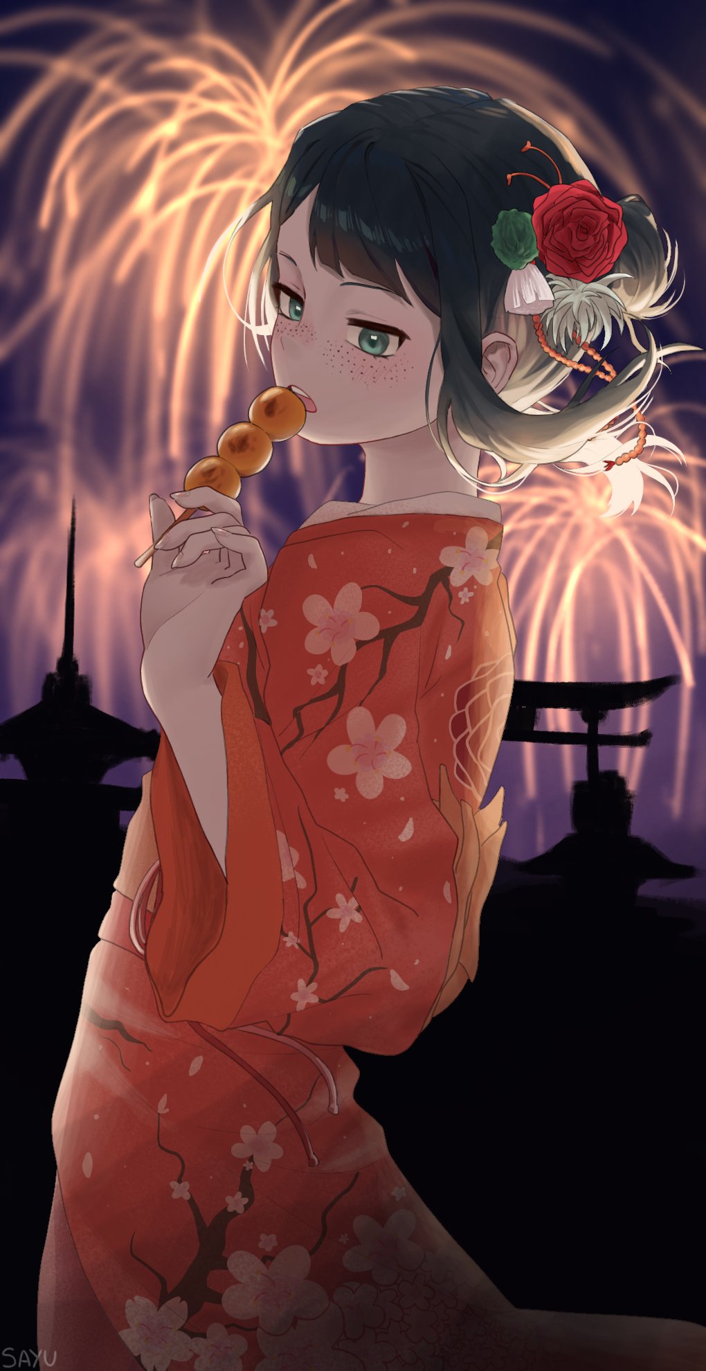 1girl alternate_costume artist_name black_hair commentary dango eating eizouken_ni_wa_te_wo_dasu_na! ffrangofrito fireworks floating_hair floral_print flower food freckles from_side green_eyes hair_bun hair_flower hair_ornament hair_up highres holding holding_food japanese_clothes kanamori_sayaka kimono long_hair looking_at_viewer looking_to_the_side new_year no_eyewear open_mouth outdoors pink_kimono red_flower sidelocks signature silhouette solo standing teeth temple torii upper_teeth_only wagashi