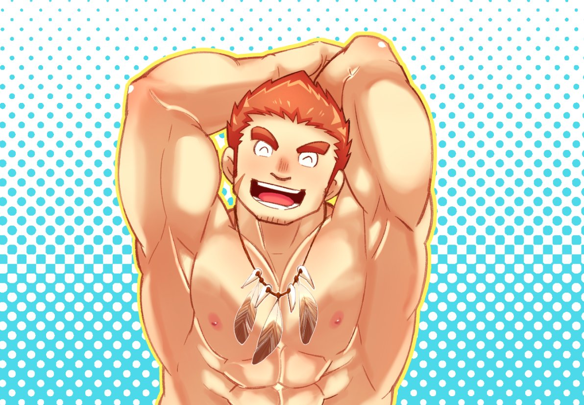 1boy ^_^ abs arms_on_head bara blush borrowed_clothes brown_hair closed_eyes facing_viewer feather_necklace jewelry male_focus muscular muscular_male necklace nipples nude pectoral_squeeze ragi_san_(ononokomachiimo) scar scar_on_cheek scar_on_face short_hair solo spiked_hair tamamura_gunzo thick_eyebrows tokyo_afterschool_summoners upper_body