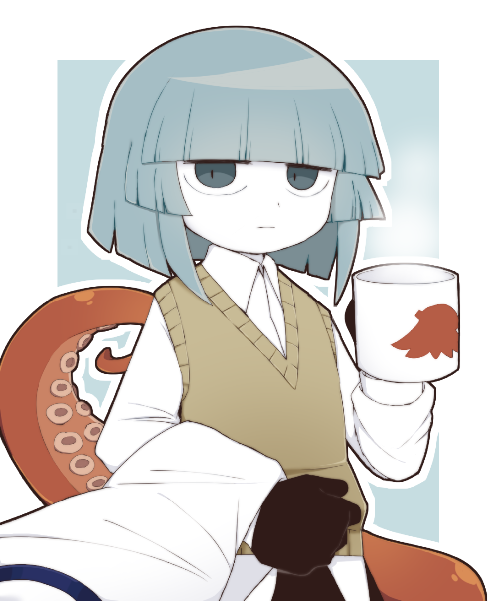 1boy black_gloves blue_background blue_eyes blue_hair blunt_bangs border bowl_cut brown_sweater_vest closed_mouth coffee_mug collared_shirt colored_skin cup expressionless fukami_(wadanohara) funamusea funamusea_(style) gloves highres holding holding_clothes holding_cup holding_shirt male_focus mug oounabara_to_wadanohara outline sennin_(omega-zeus) shirt sidelocks solo sweater_vest tentacles white_border white_outline white_shirt white_skin