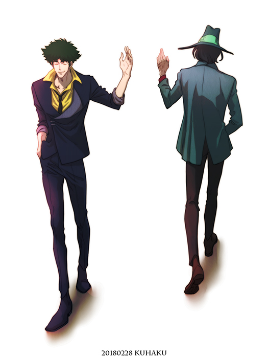 2boys artist_name black_necktie blue_jacket blue_pants brown_footwear closed_eyes closed_mouth collarbone collared_shirt cowboy_bebop crossover dated fedora full_body grey_jacket hat jacket jigen_daisuke long_legs long_sleeves lupin_iii male_focus multiple_boys necktie pants shirt shoes simple_background smile sorashiro_(sky_x_space) spike_spiegel waving white_background yellow_shirt