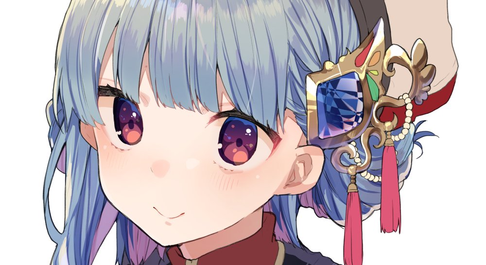 1girl bangs blue_hair blunt_bangs closed_mouth copyright_request gem hair_ornament hat ikeuchi_tanuma looking_at_viewer portrait red_eyes simple_background smile solo tassel white_background