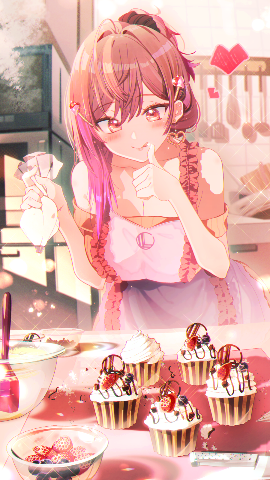 1girl ahoge apron blush breasts cleavage cupcake earrings food gold_earrings gradient_background hair_ornament hairpin heart heart_earrings heart_hair_ornament highres hololive hololive_dev_is ichijou_ririka jewelry kitchen large_breasts long_hair looking_at_viewer microwave orange_eyes orange_hair pink_apron pink_hair ponytail single_earring solo tongue tongue_out unier valentine virtual_youtuber