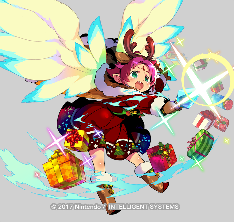 1girl antlers bell boots bow box brown_gloves cape company_name copyright_name dragon_wings dress fa facial_mark fire_emblem fire_emblem:_fuuin_no_tsurugi fire_emblem_heroes forehead_mark full_body fur_trim gift gift_box gloves green_eyes grey_background himukai_yuuji leg_up long_sleeves mamkute nintendo official_art open_mouth outstretched_arm pointy_ears purple_hair reindeer_antlers short_hair simple_background solo wings