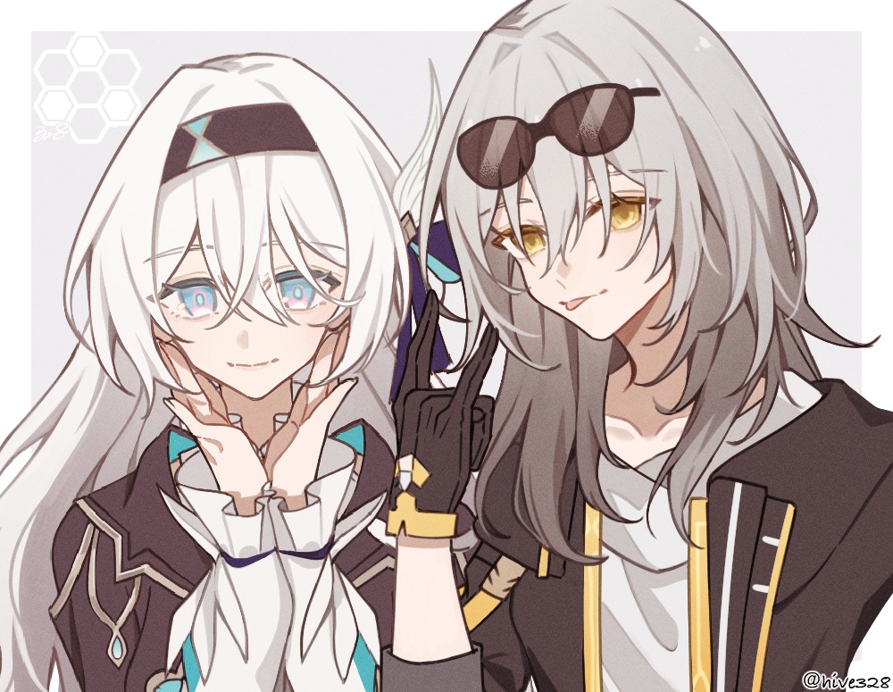 2girls :p \n/ black_gloves black_hairband black_jacket blue_eyes blue_pupils border closed_mouth collarbone eyewear_on_head firefly_(honkai:_star_rail) gloves grey_background grey_hair hair_between_eyes hair_intakes hairband hand_up hands_on_own_cheeks hands_on_own_face hive328 honeycomb_(pattern) honkai:_star_rail honkai_(series) hood hood_down hooded_jacket jacket long_hair looking_at_viewer multiple_girls off_shoulder orange_eyes outside_border shirt side-by-side sidelocks simple_background smile stelle_(honkai:_star_rail) straight-on sunglasses tongue tongue_out trailblazer_(honkai:_star_rail) twitter_username upper_body watermark white_border white_hair white_shirt