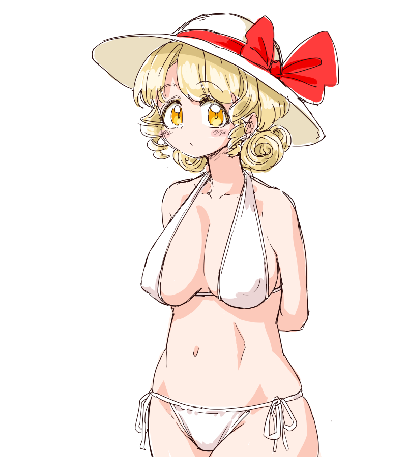 1girl arms_behind_back bikini blonde_hair blush_stickers bow breasts closed_mouth collarbone commentary_request covered_nipples cowboy_shot curly_hair drill_hair elly_(touhou) halterneck hat hat_bow hat_ribbon large_breasts looking_at_viewer navel red_bow red_ribbon ribbon s-a-murai short_hair side-tie_bikini_bottom solo standing sun_hat swimsuit touhou touhou_(pc-98) twin_drills white_background white_bikini white_headwear yellow_eyes