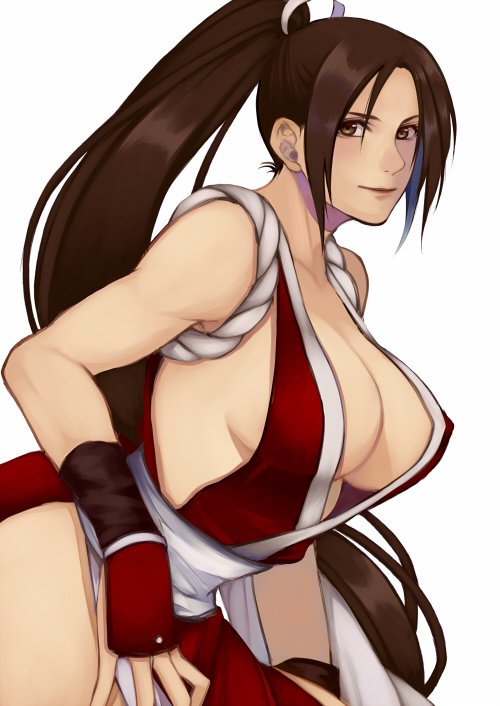 1girl arm_guards breasts brown_eyes brown_hair center_opening closed_mouth commentary_request fatal_fury from_side hair_ribbon high_ponytail japanese_clothes kimono large_breasts leaning_forward light_smile long_hair looking_at_viewer ninja obi red_kimono revealing_clothes ribbon sash shiranui_mai sideless_kimono simple_background solo tasuki the_king_of_fighters very_long_hair white_background white_ribbon white_sash yasunososaku