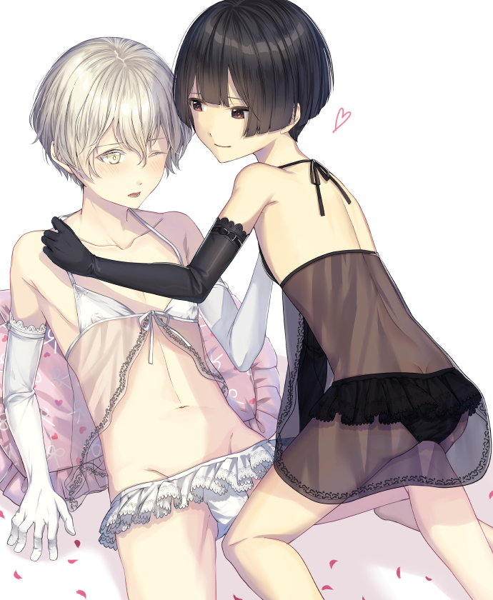 2boys alk babydoll black_babydoll black_eyes black_gloves black_hair black_panties crossdressing elbow_gloves gloves grey_eyes grey_hair lingerie multiple_boys original otoko_no_ko panties short_hair underwear white_babydoll white_gloves white_panties yaoi