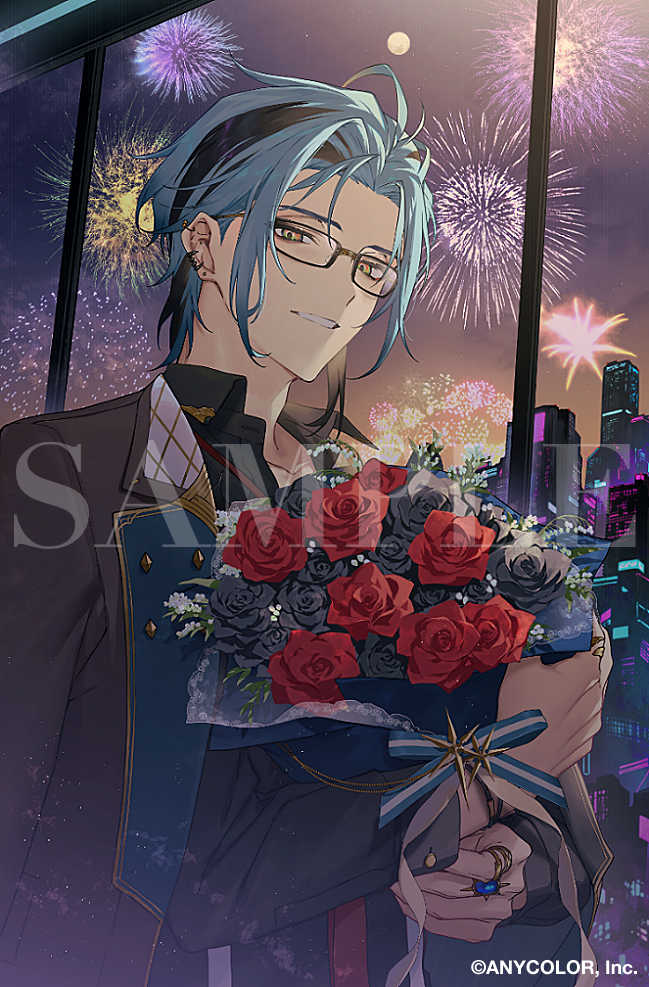 1boy black_flower black_hair black_jacket black_shirt blue_hair bouquet building collared_shirt copyright_name ear_piercing fireworks flower glasses green_eyes grin hex_haywire holding holding_bouquet jacket jewelry male_focus multicolored_hair multiple_rings namakawa neon_lights night nijisanji nijisanji_en official_art open_clothes open_jacket piercing red_flower ring rose sample_watermark school_uniform shirt smile solo streaked_hair teeth virtual_youtuber watermark window