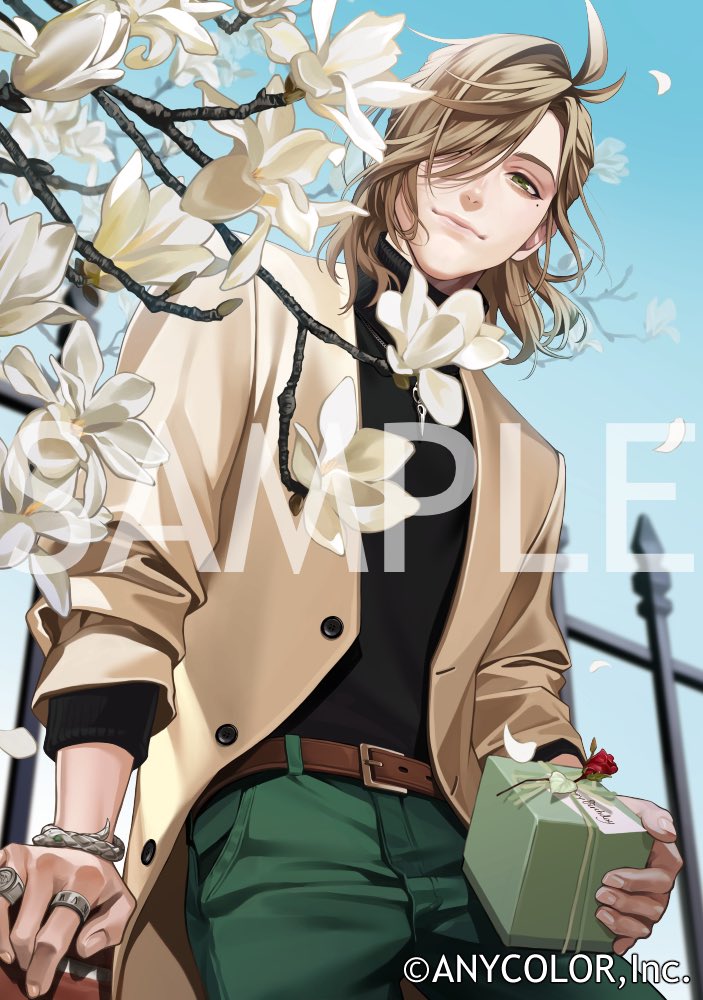1boy alternate_costume belt belt_buckle black_sweater box bracelet brown_belt brown_coat brown_hair buckle closed_mouth coat copyright_name day flower gift gift_box green_eyes hair_over_one_eye jewelry looking_at_viewer male_focus mole mole_under_eye natsuko_(bluecandy) necklace nijisanji official_alternate_costume official_art oliver_evans oliver_evans_(2nd_costume) open_clothes open_coat petals red_flower ring rose sample_watermark sky solo sweater tree turtleneck virtual_youtuber watermark white_flower white_petals