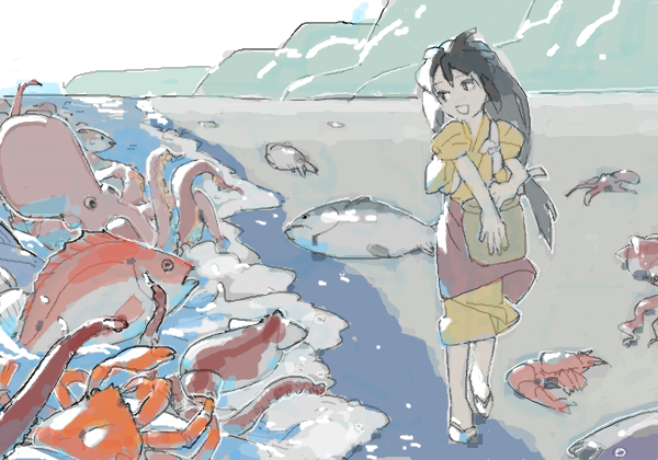 1girl apron basket beach beached black_eyes black_hair crab day feeding feeding_animal fish full_body holding holding_basket japanese_clothes kimono long_hair looking_at_animal looking_to_the_side low-tied_long_hair ocean octopus open_mouth original outdoors red_apron red_snapper shrimp sidelocks sleeves_rolled_up smile solo squid tasuki waist_apron walking waves yellow_kimono yk_(tnkau)