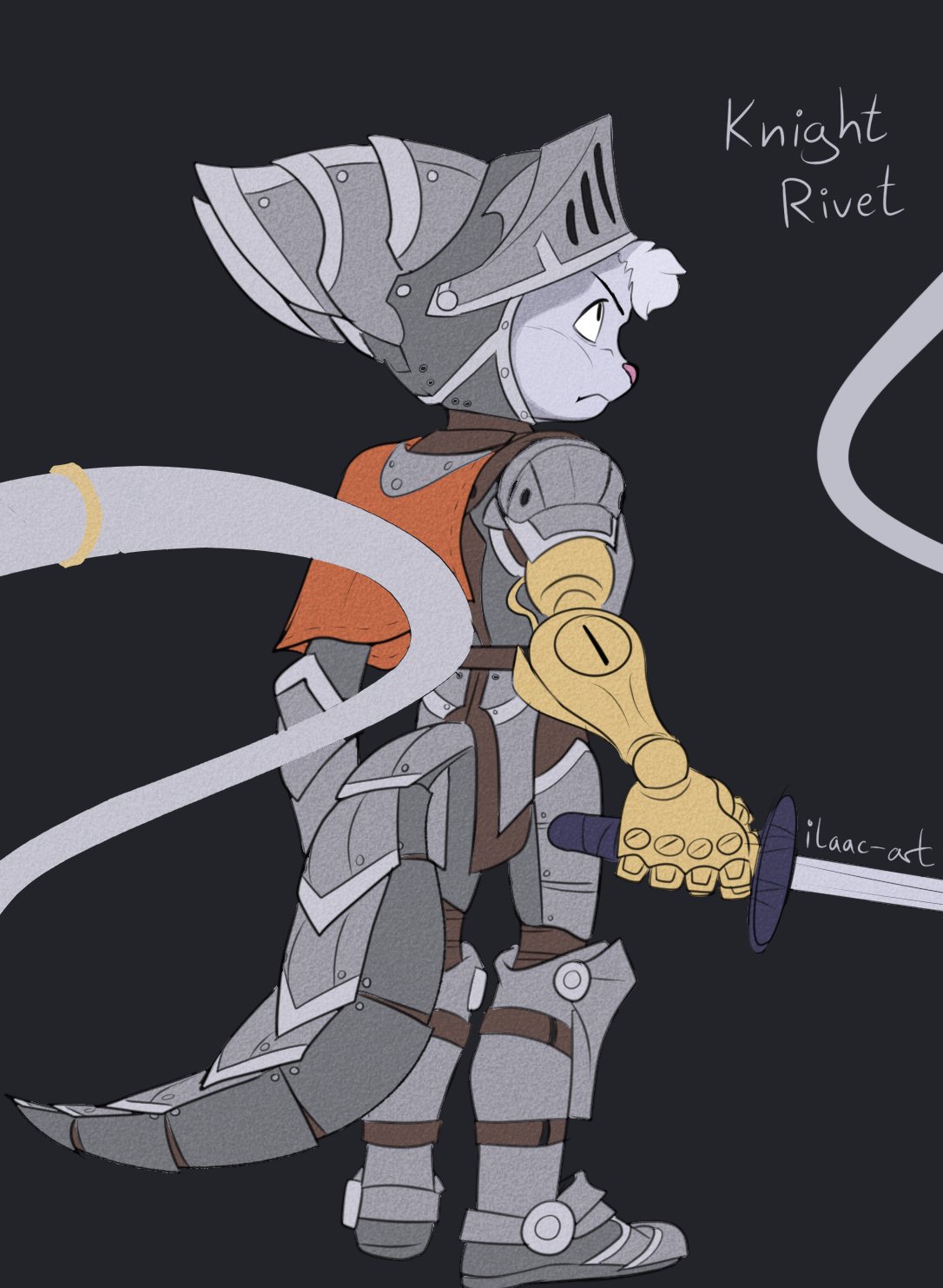 2024 anthro armor cape clothing cybernetic_arm cybernetic_limb eyebrows female fur grey_body grey_fur head_tuft headgear helmet hi_res holding_object holding_sword holding_weapon ilaac-art knight lombax mammal melee_weapon ratchet_and_clank rivet_(ratchet_and_clank) solo sony_corporation sony_interactive_entertainment sword tuft warrior weapon
