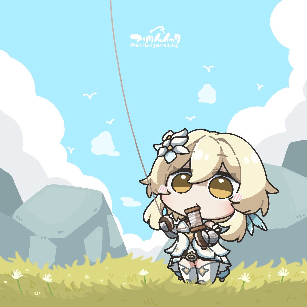 1girl :o arikuigames1105 arm_guards artist_name bird black_gloves blonde_hair blue_sky blush boots chibi closed_mouth cloud commentary_request day dress feather_hair_ornament feathers fingerless_gloves flower genshin_impact gloves grass hair_between_eyes hair_flower hair_ornament kite kite_flying lumine_(genshin_impact) outdoors rock short_hair short_hair_with_long_locks sidelocks sky sleeveless sleeveless_dress solo standing thigh_boots twitter_username white_dress white_flower white_footwear yellow_eyes